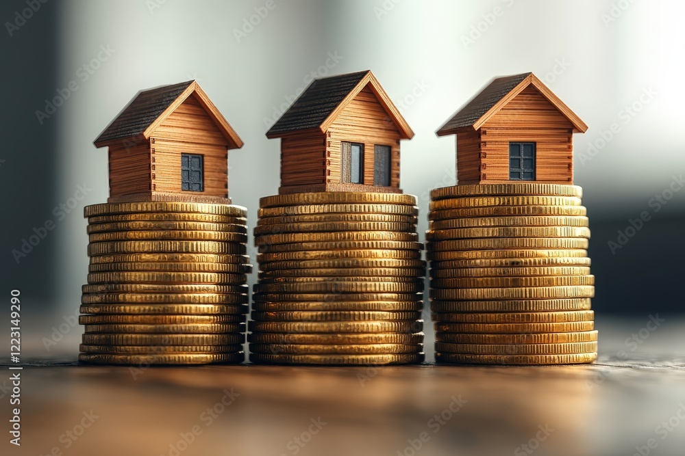 Three houses balanced on top of stacks of coins representing financial investment and real estate market