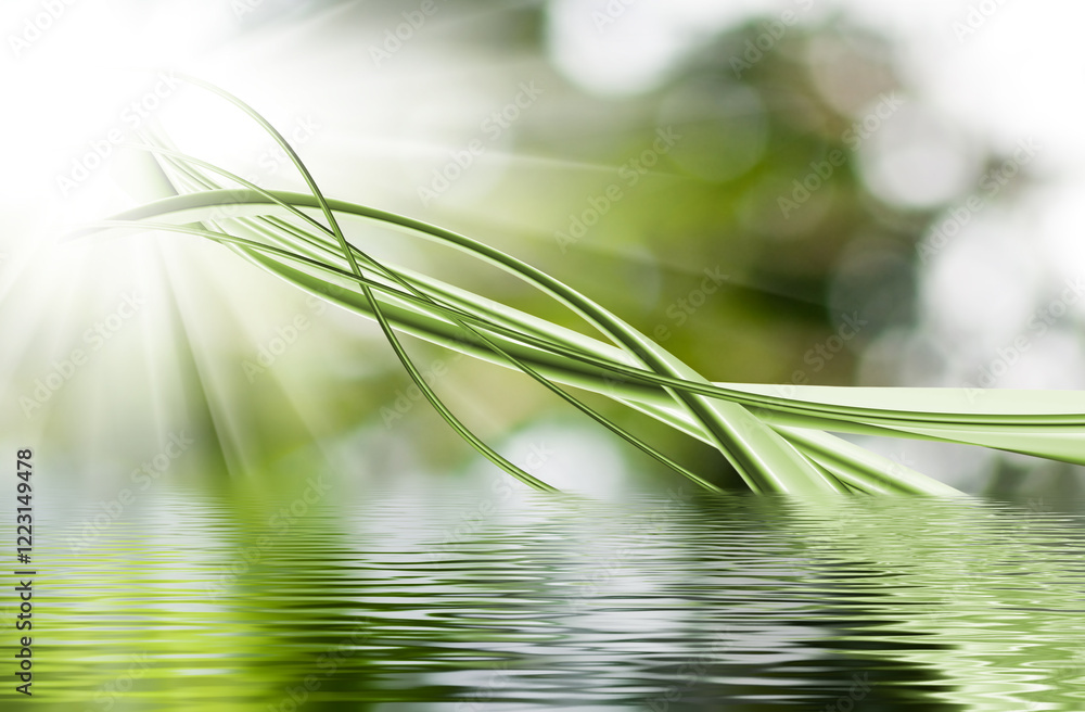 Obraz premium Gentle green blades dance under shimmering sunlight reflecting on tranquil water at dawn