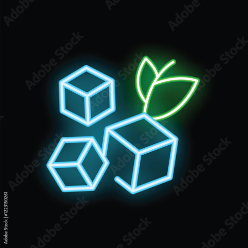 Glowing neon icon of ice cubes and mint leaves is showing a concept of freshness