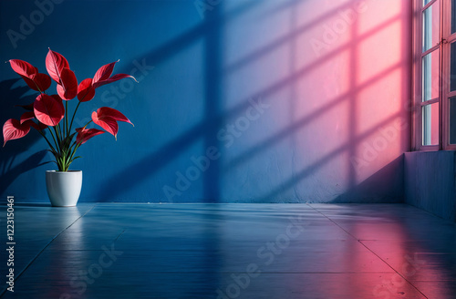 A dark blue room with an abstract gradient background, and a vase provides an impressive setting for your product display. photo