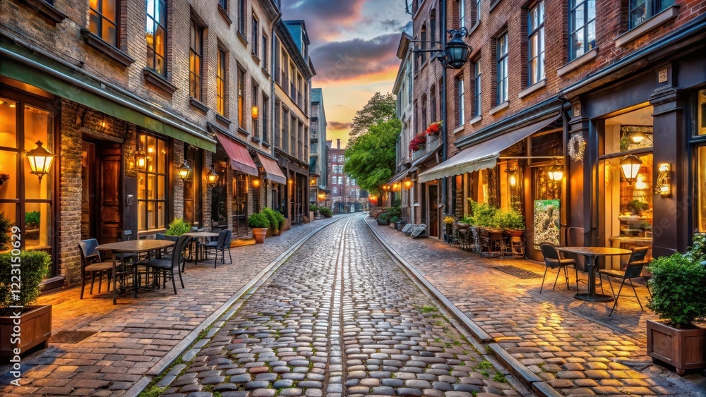 Fototapeta premium Historic cobblestone street lined with shops and restaurants , stone, coventgarden, stone, coventgarden, street