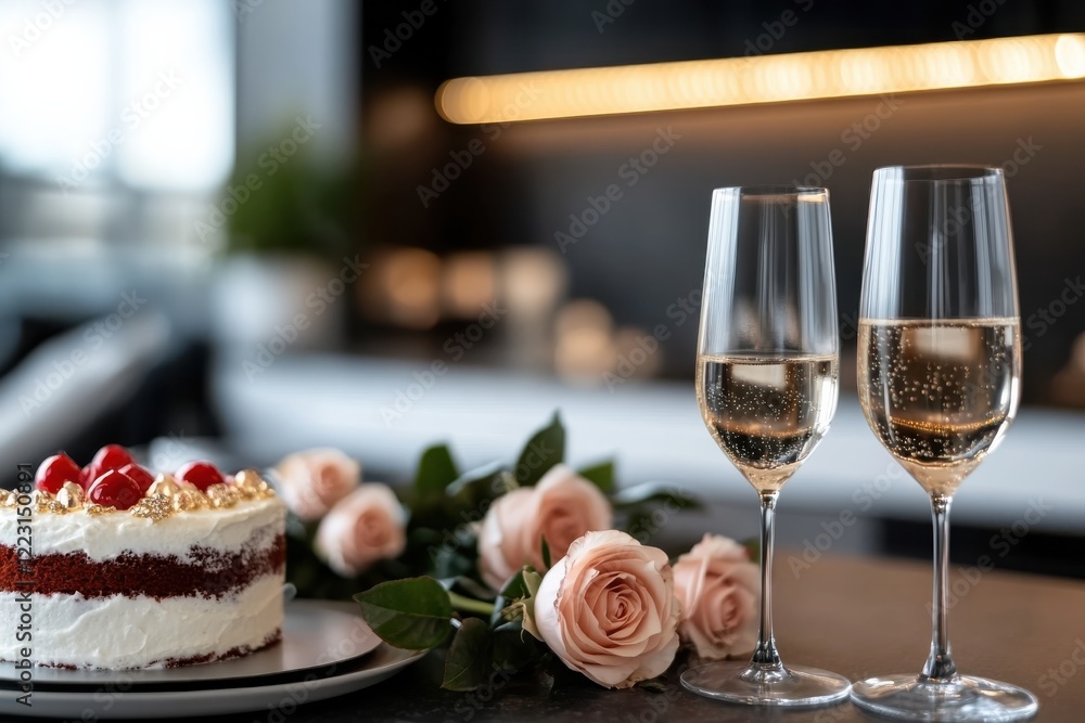 A decadent cake topped with berries and accompanied by sparkling drinks, beautifully arranged with pink roses, capturing the essence of celebration and joy.