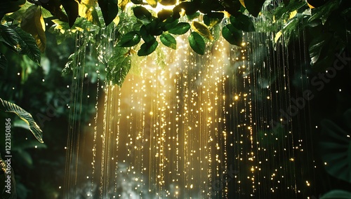 A dreamy rain curtain made of light and green leaves, shimmering with golden rays of sunlight shining