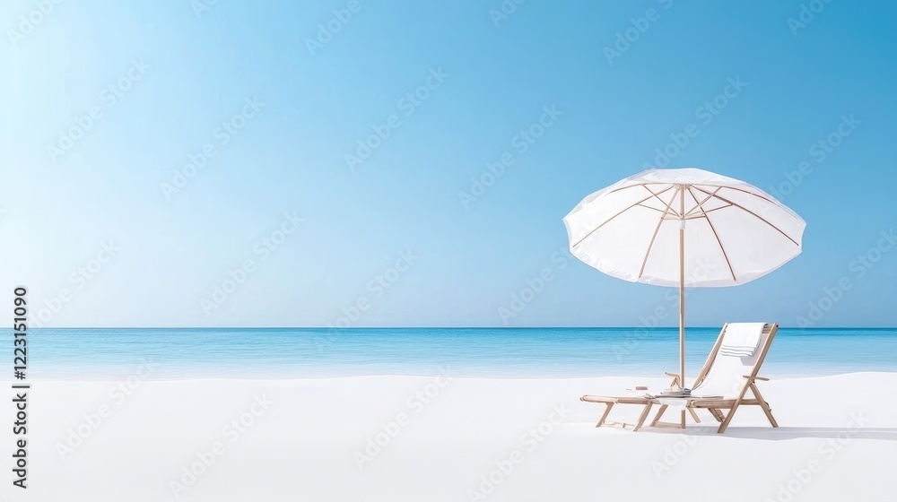 Beach chair and umbrella on tranquil sandy beach; summer vacation background Beach chair and umbrella on tranquil sandy beach; summer vacation background
