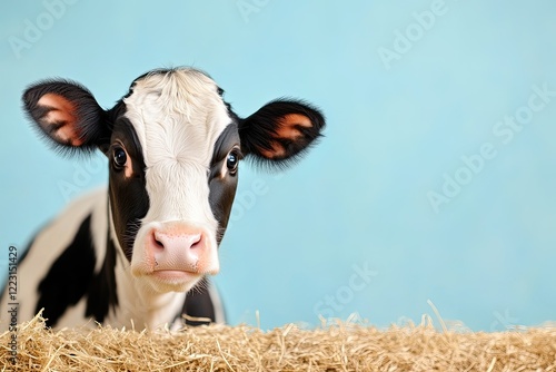 Close-up of a curious black and white calf peering over straw against a soft blue background
