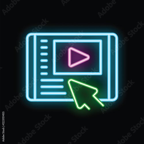 Glowing neon icon of a computer mouse cursor clicking the play button on a tablet screen, representing online video streaming and digital content consumption