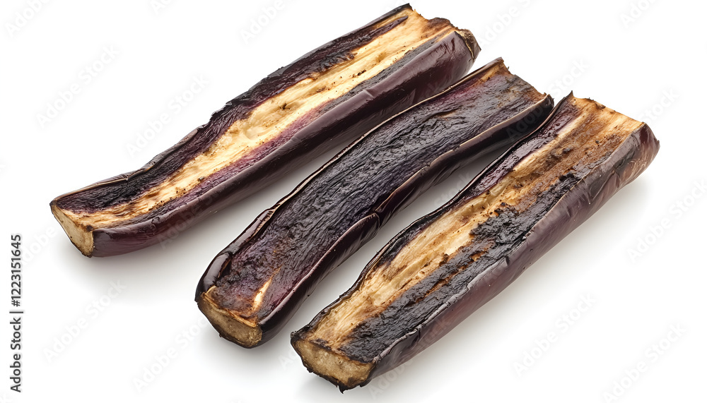 Delicious grilled eggplant slices on white background Delicious grilled eggplant slices on white background