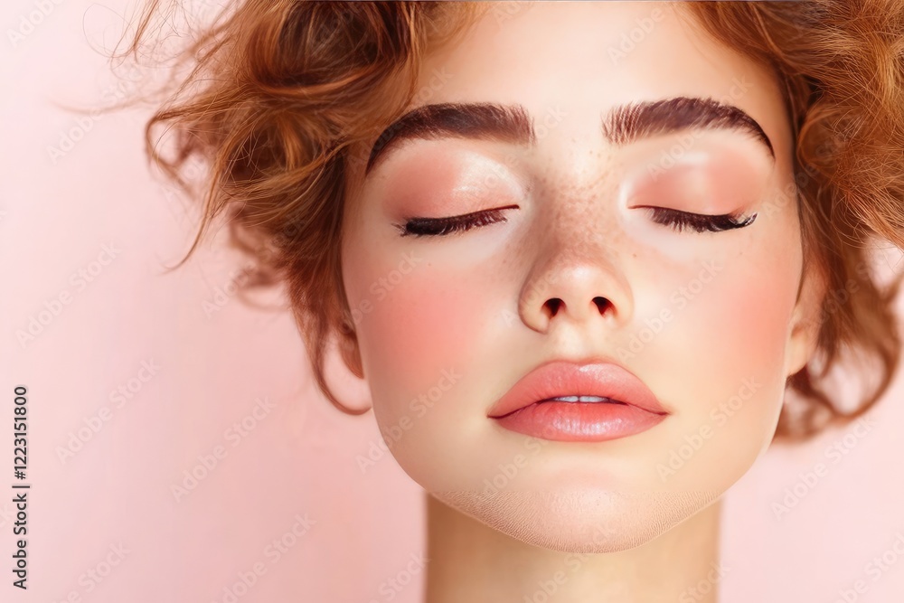 Close-up portrait of a serene young woman with curly hair and natural makeup against a soft pink background Close-up portrait of a serene young woman with curly hair and natural makeup against a soft pink background