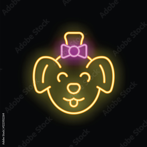 Yellow neon sign of a dog sticking its tongue out, wearing a pink bow on a black background