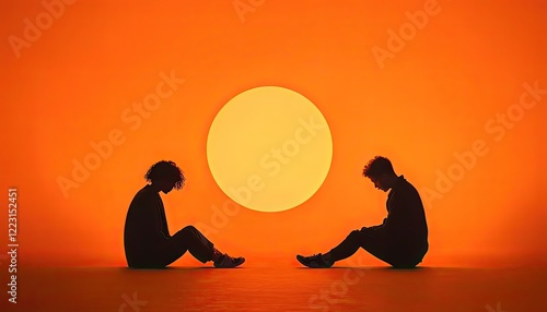 Wallpaper Mural Two silhouettes seated against a vibrant orange backdrop with a large sun, evoking introspection Torontodigital.ca