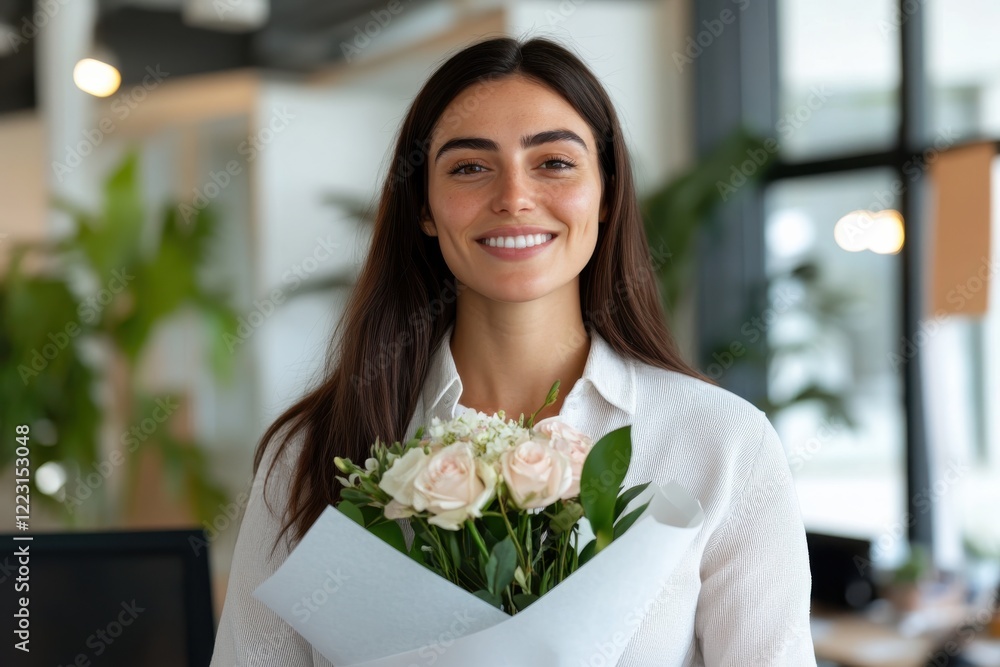 A smiling woman showcasing a beautiful bouquet of fresh flowers in an elegant wrapping, symbolizing joy and a celebration of life in a bright, inviting environment at home. A smiling woman showcasing a beautiful bouquet of fresh flowers in an elegant wrapping, symbolizing joy and a celebration of life in a bright, inviting environment at home.