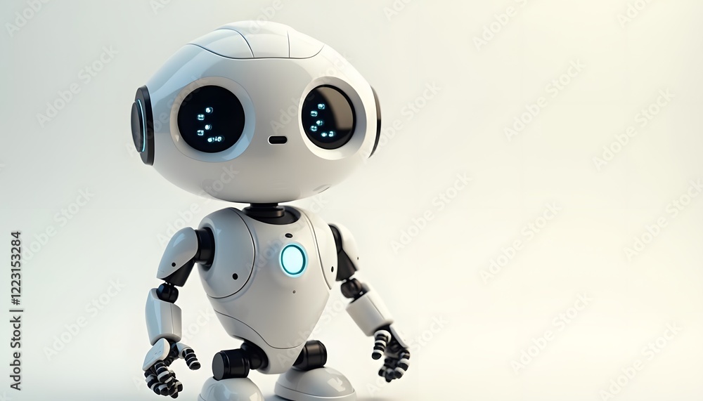 A white robot with glowing eyes stands on a plain background with ample copy space A white robot with glowing eyes stands on a plain background with ample copy space