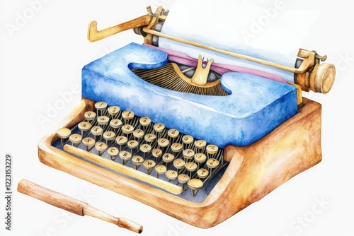 Vintage blue typewriter with a blank page, showcasing craftsmanship, on a clean white background