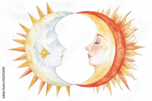 Artistic representation of the moon and sun with human faces in a harmonious design