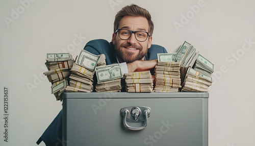 Multiplying wealth, increasing savings. Confident man leaning on big steel safe full of money on white background photo