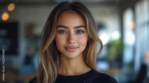 Wallpaper Mural Young woman with long hair smiling confidently in a bright, modern workspace setting Torontodigital.ca