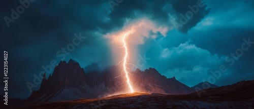 A powerful lightning bolt pierces a dark, stormy sky over jagged mountains, creating a striking display of nature’s raw and untamed power. photo