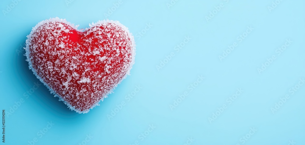 Obraz premium A vibrant red heart covered in frost against a light blue background.