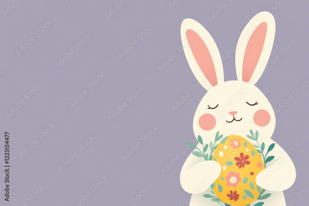 Obraz premium Cute white bunny holding a colorful Easter egg surrounded by flowers, ideal for spring celebrations and holiday themed designs
