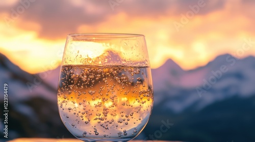 A glass of sparkling water against a sunset backdrop with mountains.