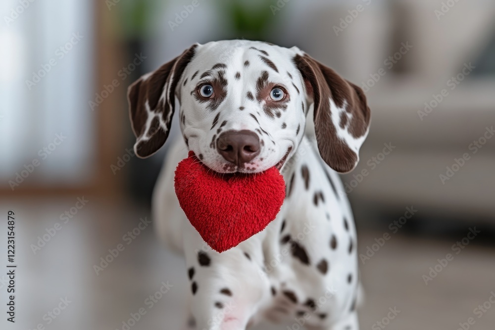 A joyful Dalmatian puppy runs playfully while holding a red heart toy, capturing the essence of vitality, happiness, and the unconditional love between pets and their owners. A joyful Dalmatian puppy runs playfully while holding a red heart toy, capturing the essence of vitality, happiness, and the unconditional love between pets and their owners.