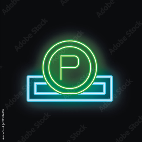 Neon parking meter icon glowing green and blue on a black background, perfect for representing parking payment