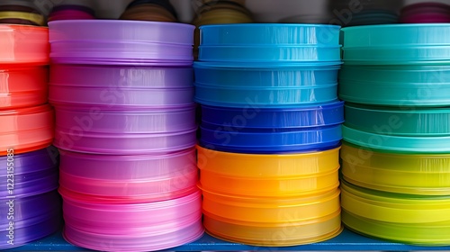 Rolls of colorful ribbons stacked on a display shelf in a knick knack shop wide plastic ribbon tape is materials for making crafts and art photo