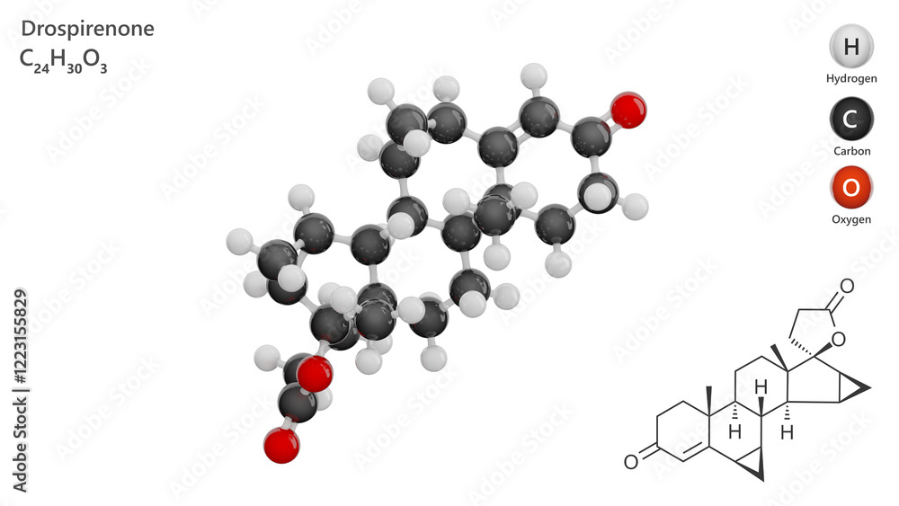 Molecule: Drospirenone. Contraceptive. Molecular structure. Formula: C24H30O3. Chemical model: Ball and stick. White background. 3D illustration. Molecule: Drospirenone. Contraceptive. Molecular structure. Formula: C24H30O3. Chemical model: Ball and stick. White background. 3D illustration.