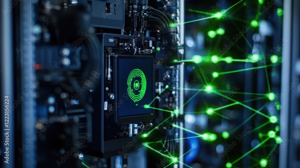 A closeup of a machine display panel showing realtime analytics with brilliant green lines radiating from the screen to the machine components representing advanced 5G network interactions. A closeup of a machine display panel showing realtime analytics with brilliant green lines radiating from the screen to the machine components representing advanced 5G network interactions.