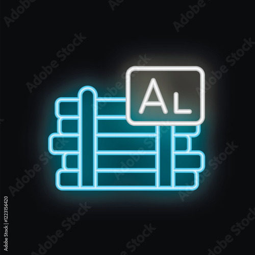 Blue glowing neon icon representing aluminum production or aluminium processing, isolated on a black background