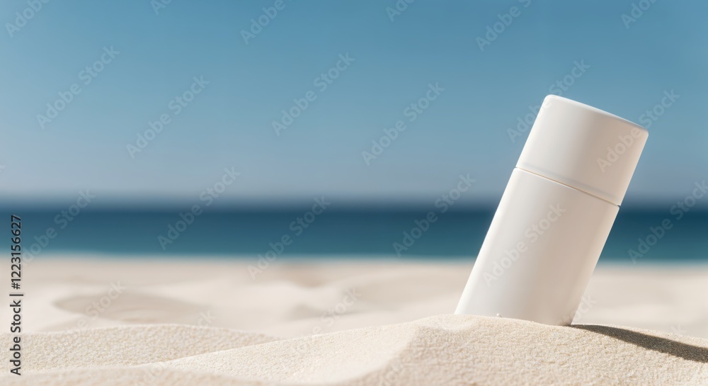 Sunscreen bottle standing on a sandy beach, offering protection from the sun's rays while enjoying the ocean view Sunscreen bottle standing on a sandy beach, offering protection from the sun's rays while enjoying the ocean view