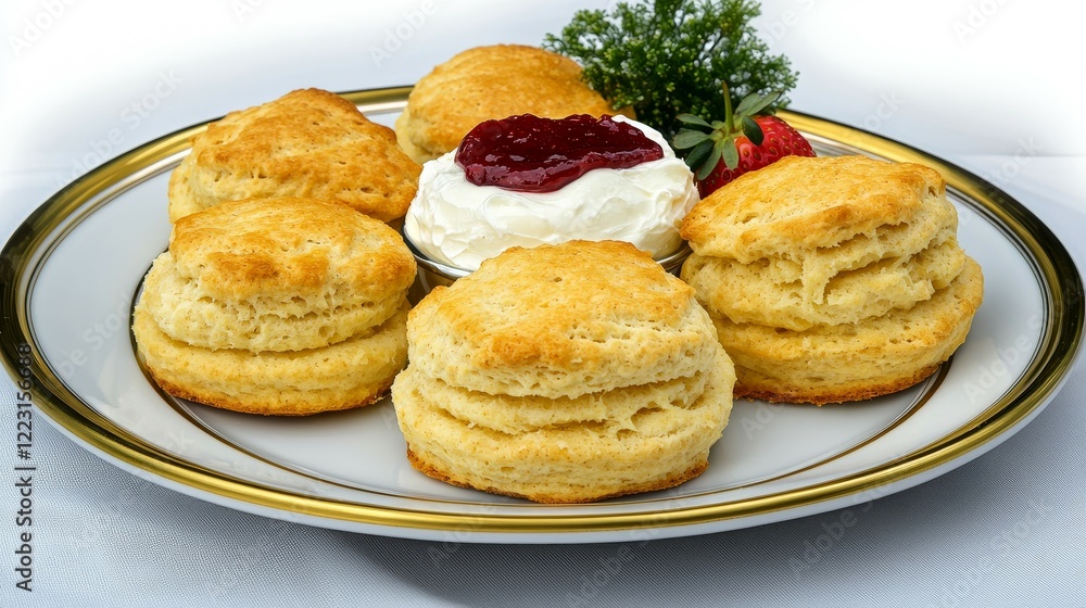 Famous Food of England concept. Freshly baked biscuits served with cream and jam on a decorative plate. Famous Food of England concept. Freshly baked biscuits served with cream and jam on a decorative plate.