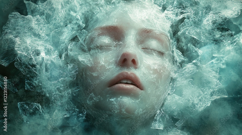 Serene face surrounded by ethereal mist, evoking tranquility and Serene face surrounded by ethereal mist, evoking tranquility and