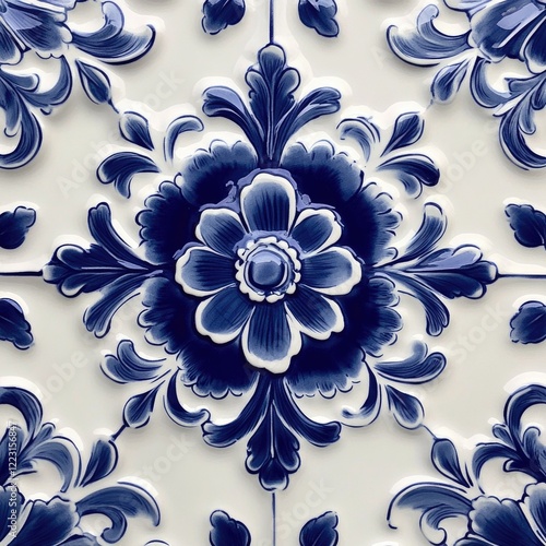 Blue and White Flower Tile
