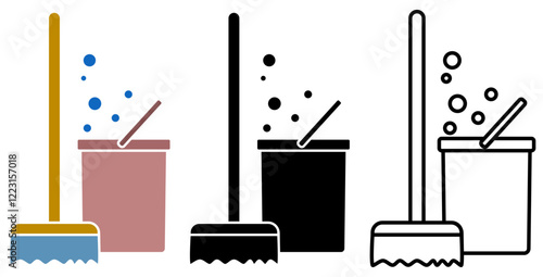 Cleaning tools icon, mop and bucket, simple flat style, pictogram logo symbol vector illustration, isolated on white for mobile app