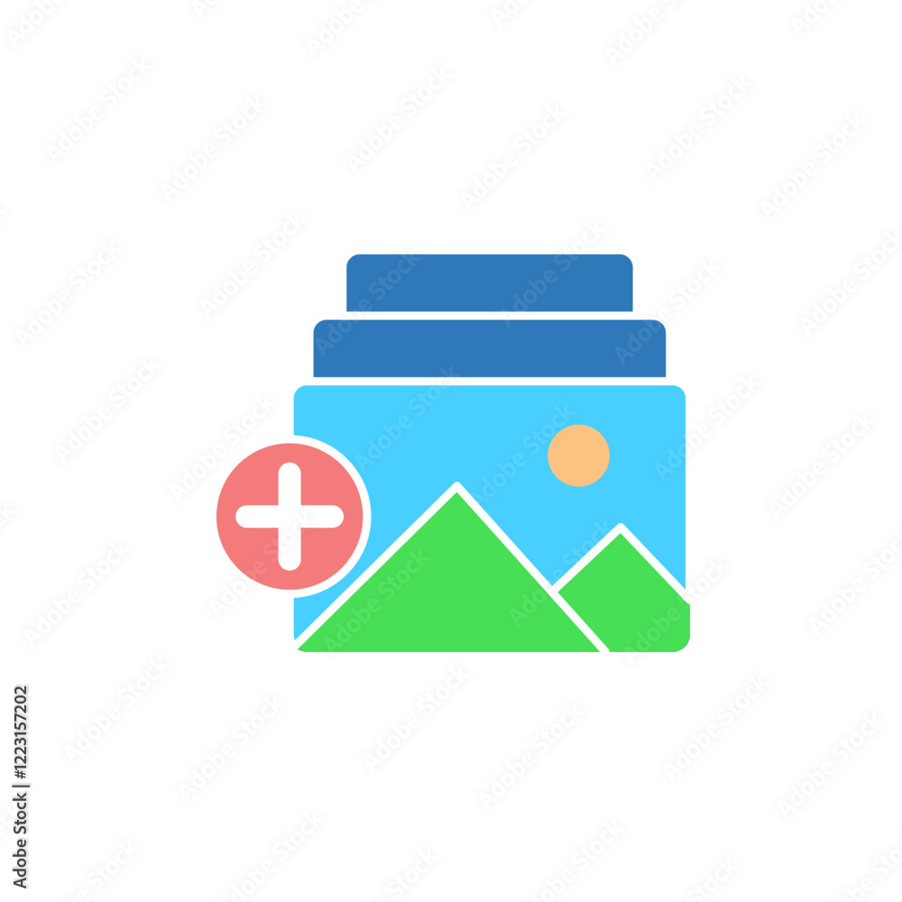 gallery icon with plus sign, simple flat style, pictogram logo symbol vector illustration, isolated on white for mobile app gallery icon with plus sign, simple flat style, pictogram logo symbol vector illustration, isolated on white for mobile app
