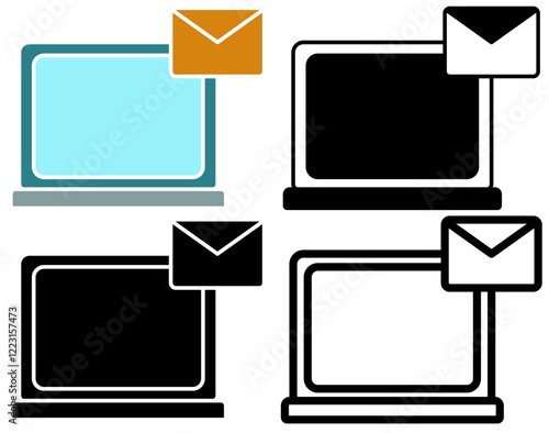 laptop with mail icon, message on the desktop, simple flat style, pictogram logo symbol vector illustration, isolated on white for mobile app