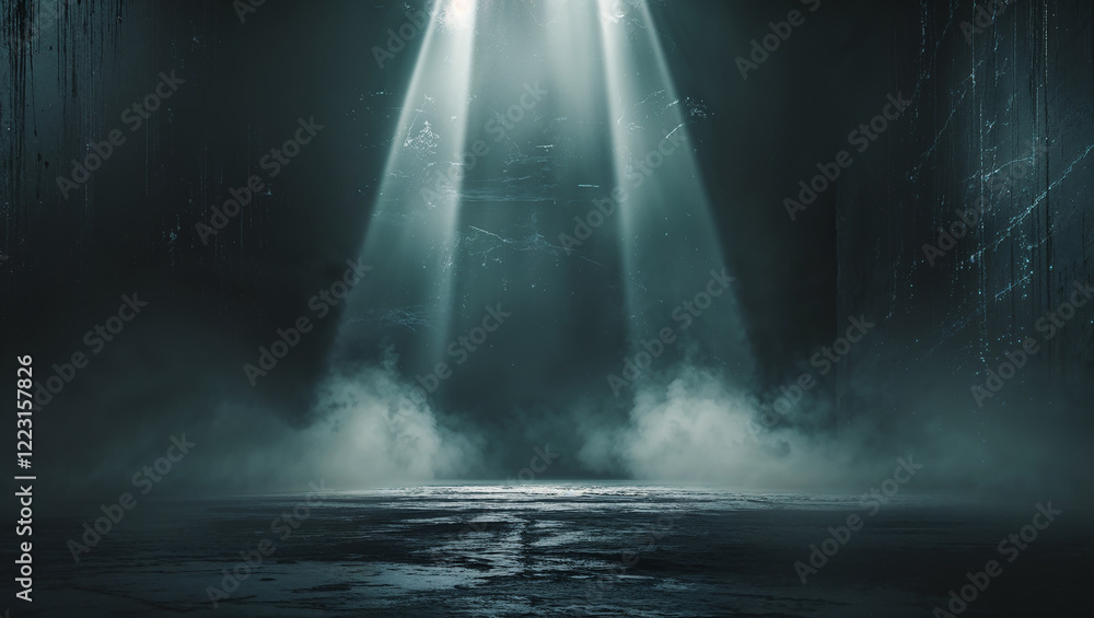 Empty concrete room with three spotlights and smoke Empty concrete room with three spotlights and smoke