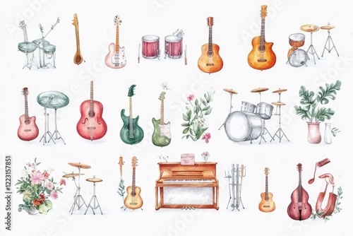 A vibrant watercolor illustration showcasing various musical instruments and floral elements