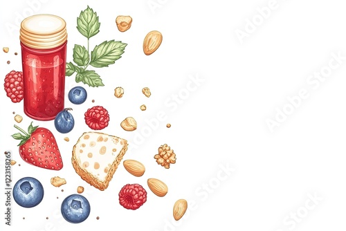 A vibrant assortment of fresh berries, nuts, and cheese with a jar of jam, perfect for breakfast