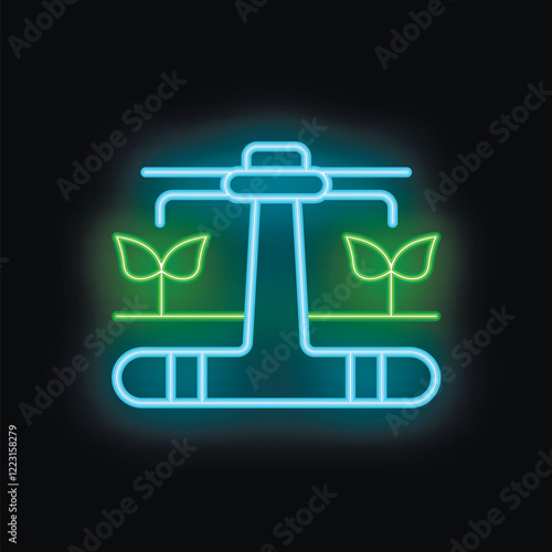 Neon glowing icon of a smart farm using hydroponics system for growing plants with water and nutrients in pipes instead of soil