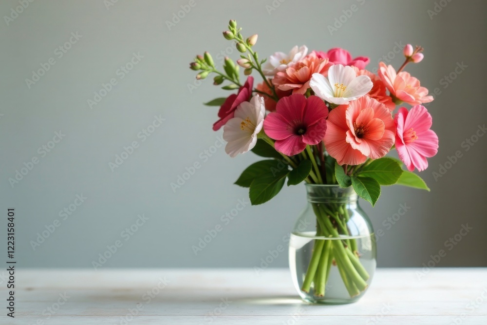 Fototapeta premium Quince and spirea floral arrangement in small vase, stem, flowers