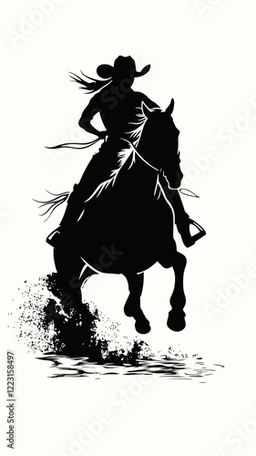 Dynamic Cowgirl Barrel Racing Silhouette on Horse in Minimalist Style for Sports Designs