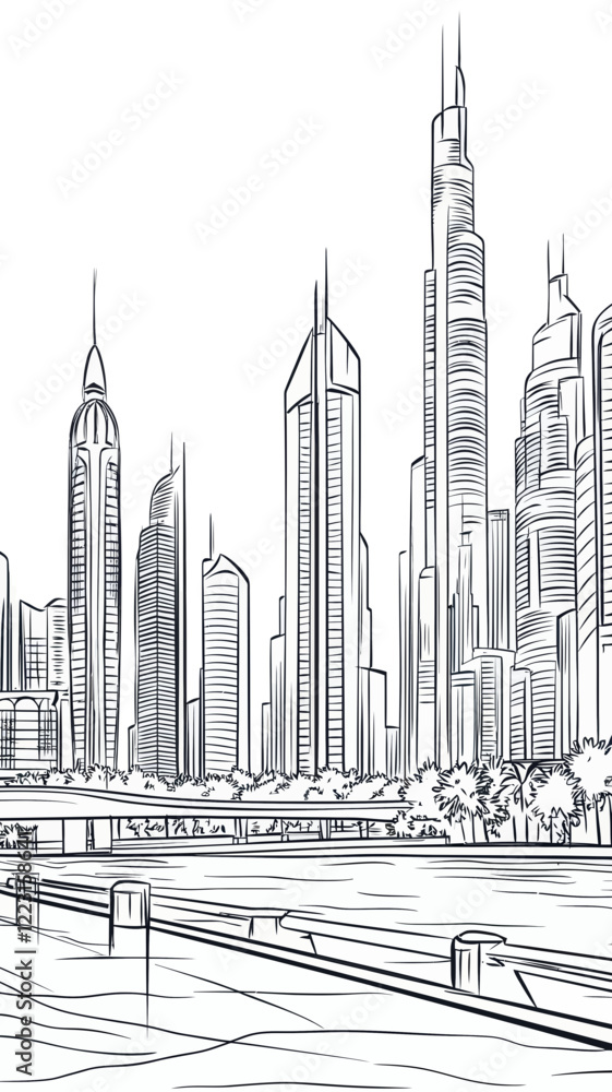 Fototapeta premium Dubai Skyline Black and White Coloring Page for Adults - UAE Cityscape Vector Art