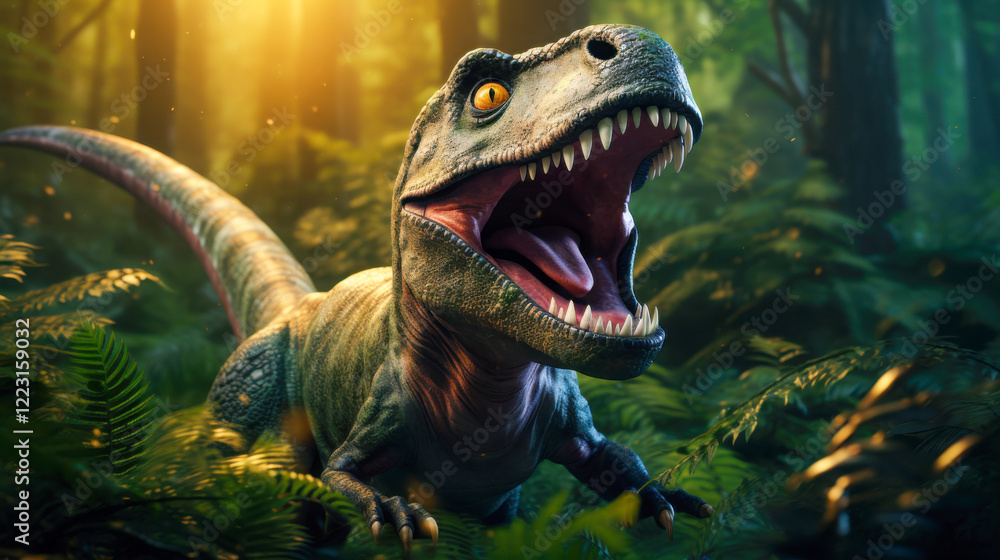 Obraz premium Cute dinosaur with its mouth open roaring in a lush jungle surrounded by vibrant foliage during a bright, sunny day