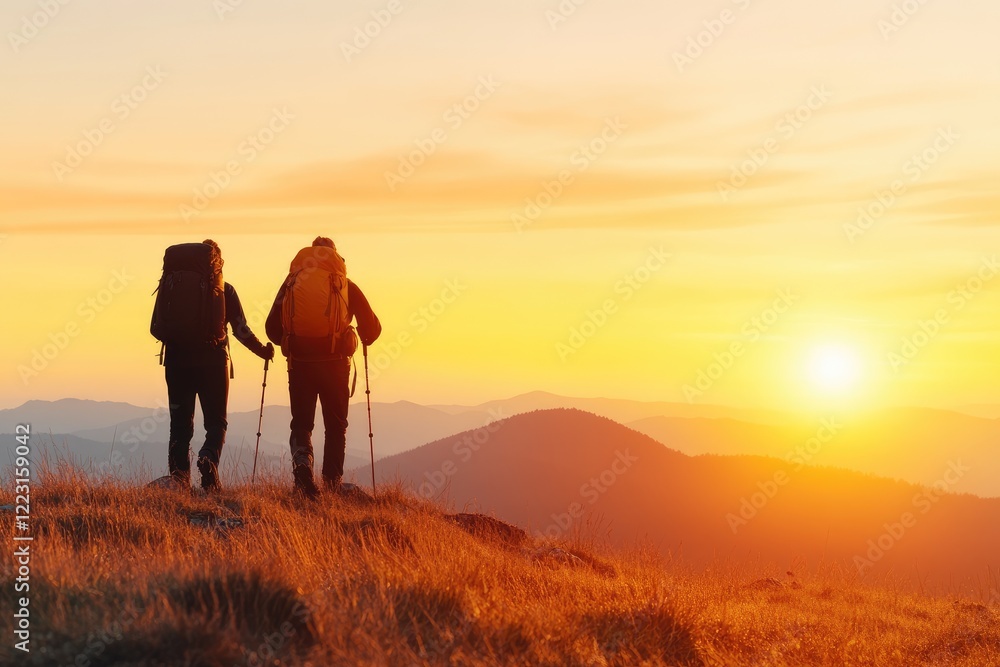 Obraz premium Two hikers enjoying a sunset hike in the mountains, with vibrant colors in the sky