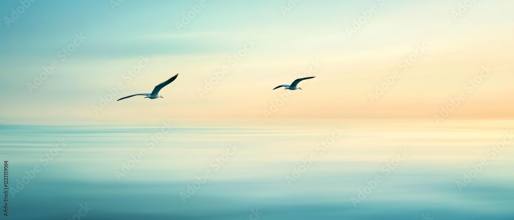 Fototapeta premium Two seagulls gracefully glide over a tranquil, pastel-colored ocean at twilight, under a serene, expansive sky.