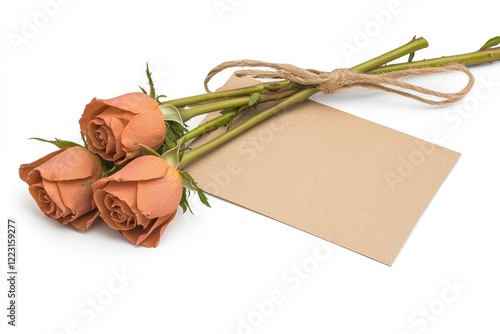 Three peach-colored roses with a blank card tied together, set against a white background