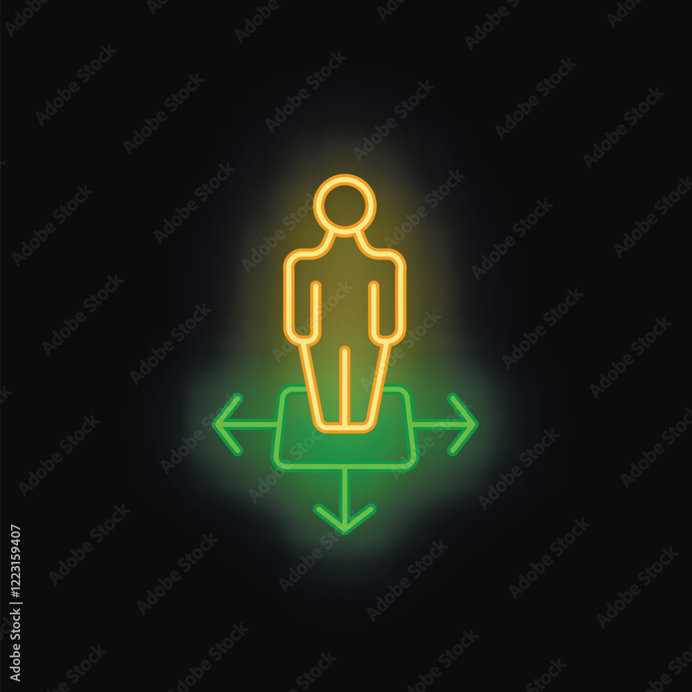 Neon sign icon of a person standing on a platform with arrows pointing in different directions, representing the concept of choice Neon sign icon of a person standing on a platform with arrows pointing in different directions, representing the concept of choice