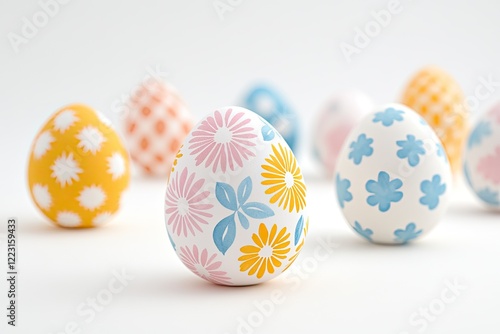 Colorful decorative Easter eggs with floral patterns arranged on a white background, symbolizing spring festivities